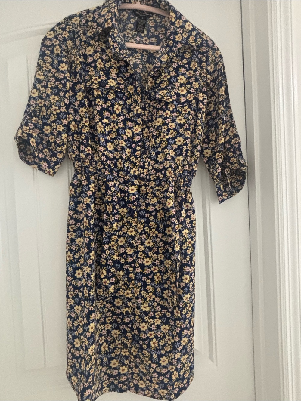 Navy Floral Midi Shirt Dress with Yellow Blossoms